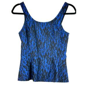 Express Peplum Top Womens XS Blue Sleeveless Lace Floral Print Tank Back Zip